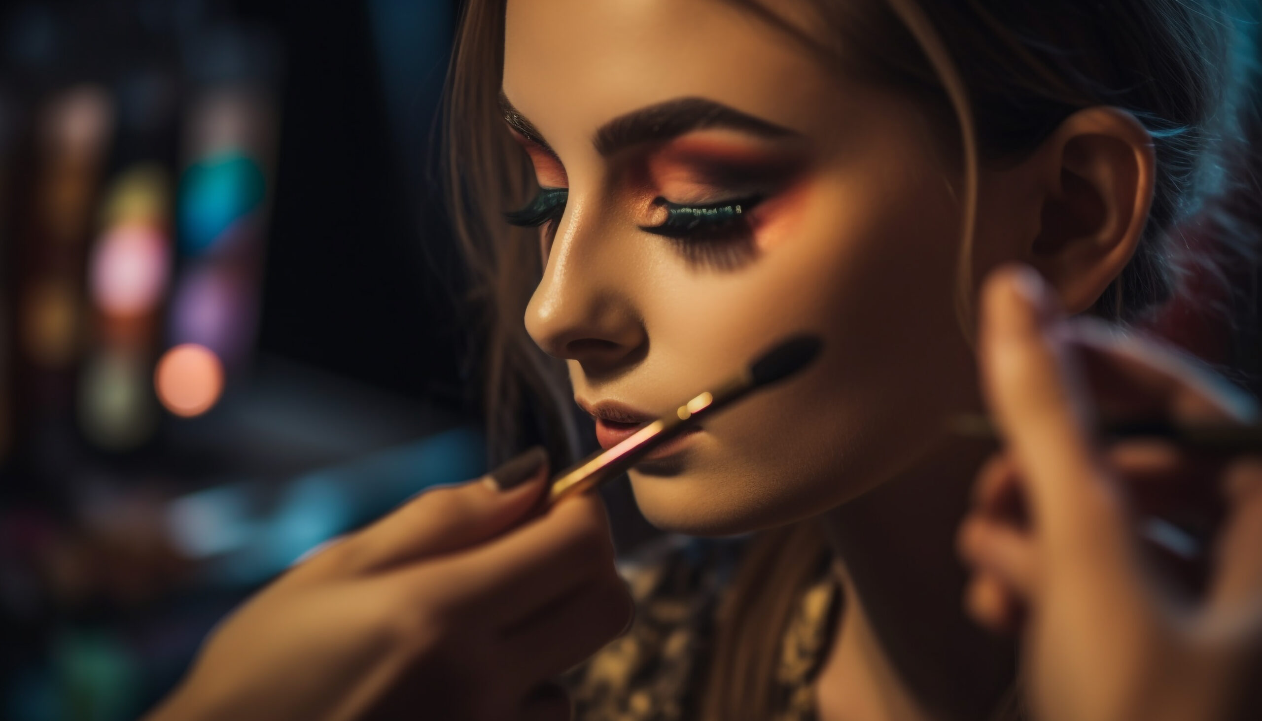 young woman applying multi colored eyeshadow indoors generated by ai scaled